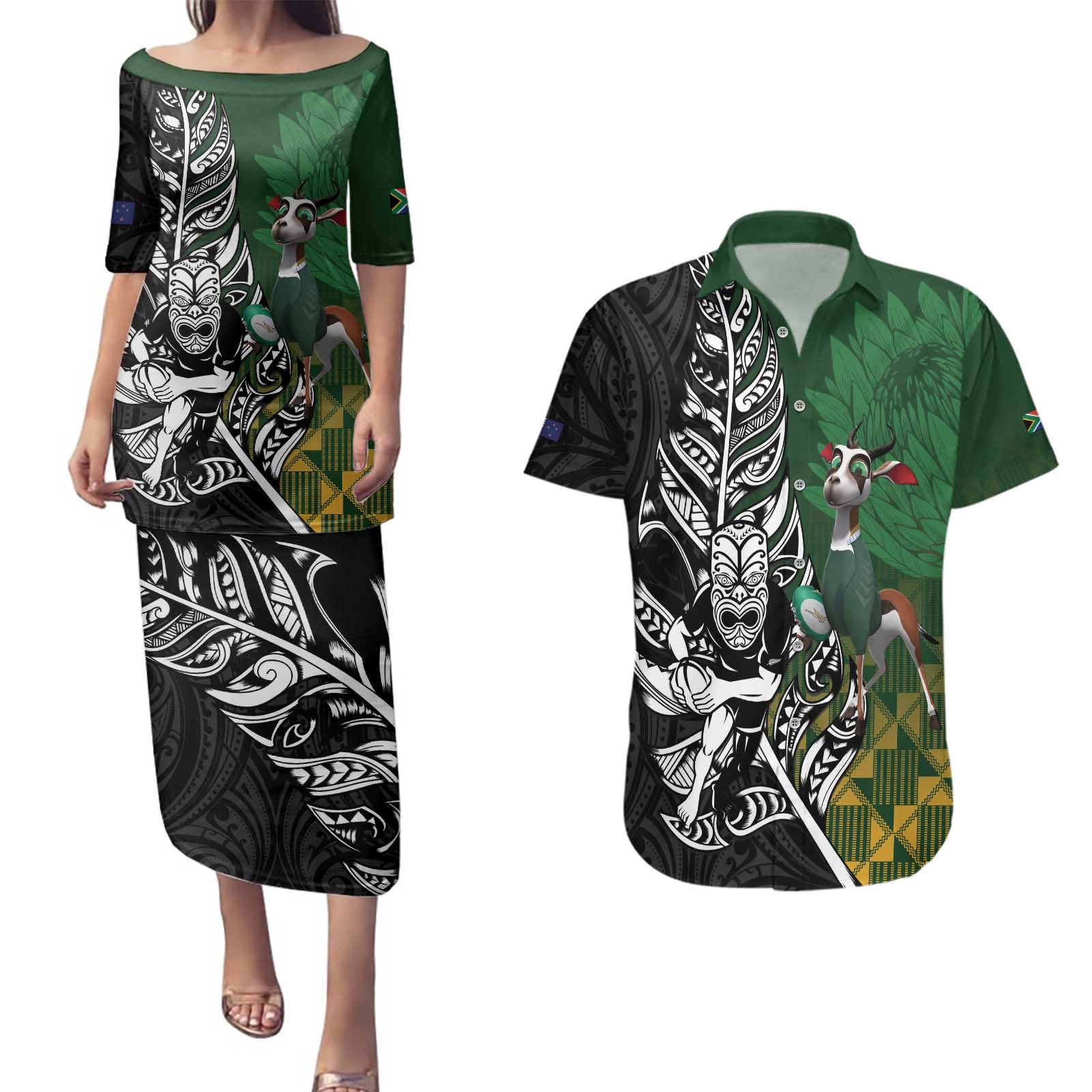 New Zealand and South Africa Rugby Custom Couples Matching Puletasi and Hawaiian Shirt Maori Tiki Fern Springboks Kente Pattern - Aussie Hoodie