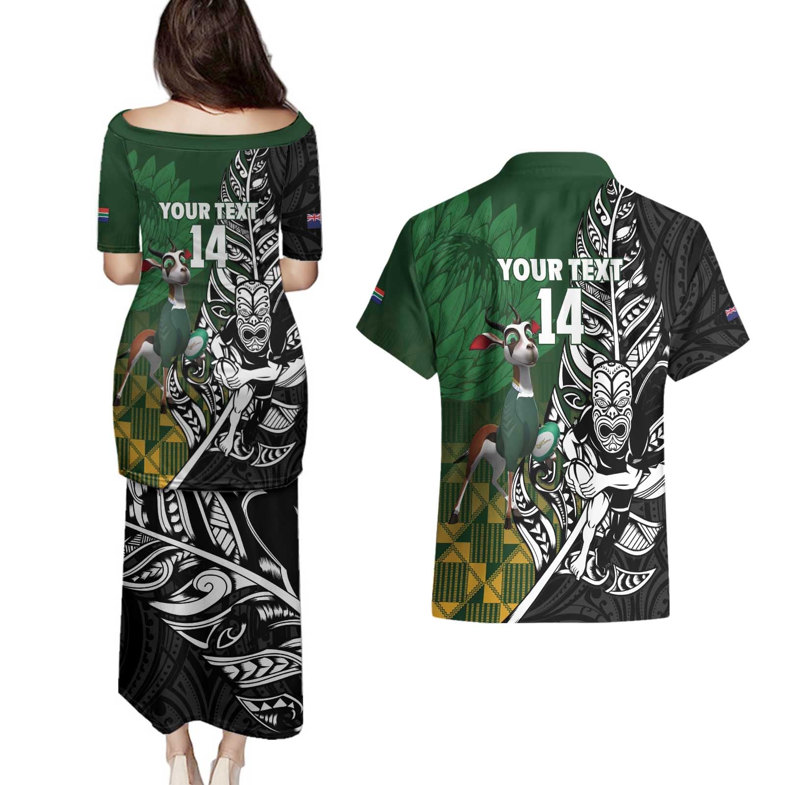 New Zealand and South Africa Rugby Custom Couples Matching Puletasi and Hawaiian Shirt Maori Tiki Fern Springboks Kente Pattern - Aussie Hoodie