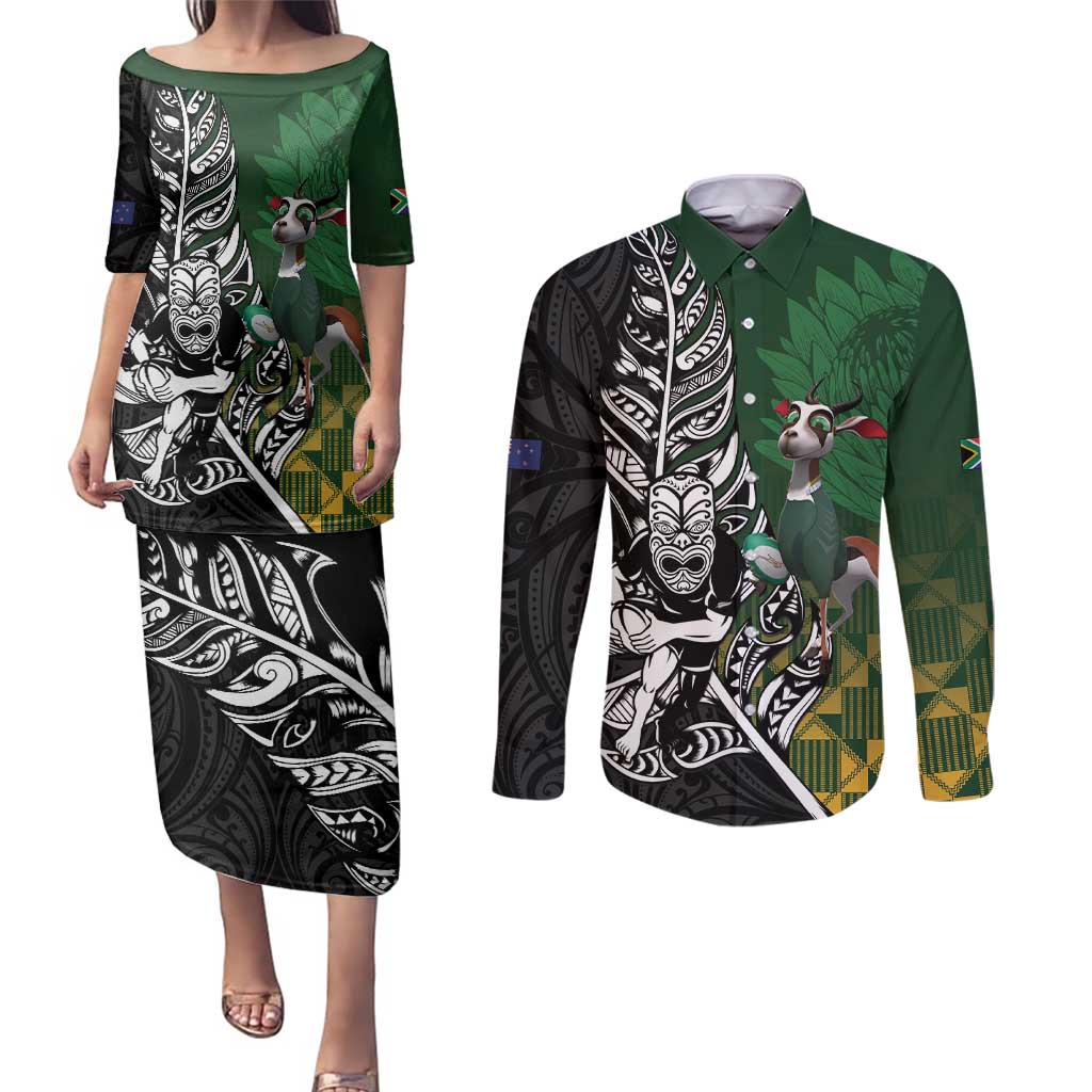 New Zealand and South Africa Rugby Custom Couples Matching Puletasi and Long Sleeve Button Shirt Maori Tiki Fern Springboks Kente Pattern - Aussie Hoodie