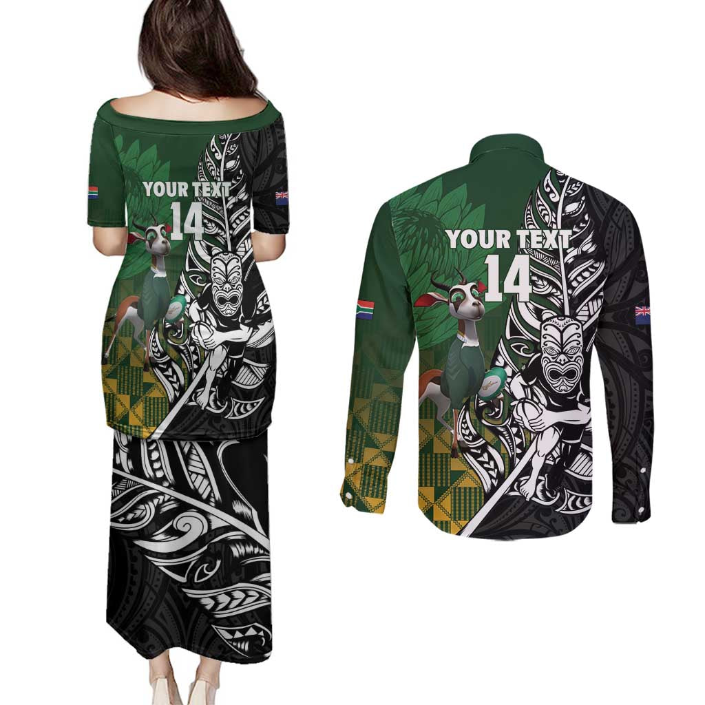 New Zealand and South Africa Rugby Custom Couples Matching Puletasi and Long Sleeve Button Shirt Maori Tiki Fern Springboks Kente Pattern - Aussie Hoodie