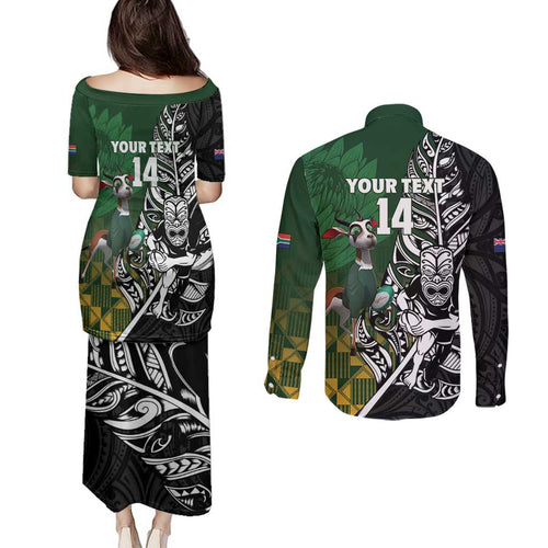 New Zealand and South Africa Rugby Custom Couples Matching Puletasi and Long Sleeve Button Shirt Maori Tiki Fern Springboks Kente Pattern - Aussie Hoodie