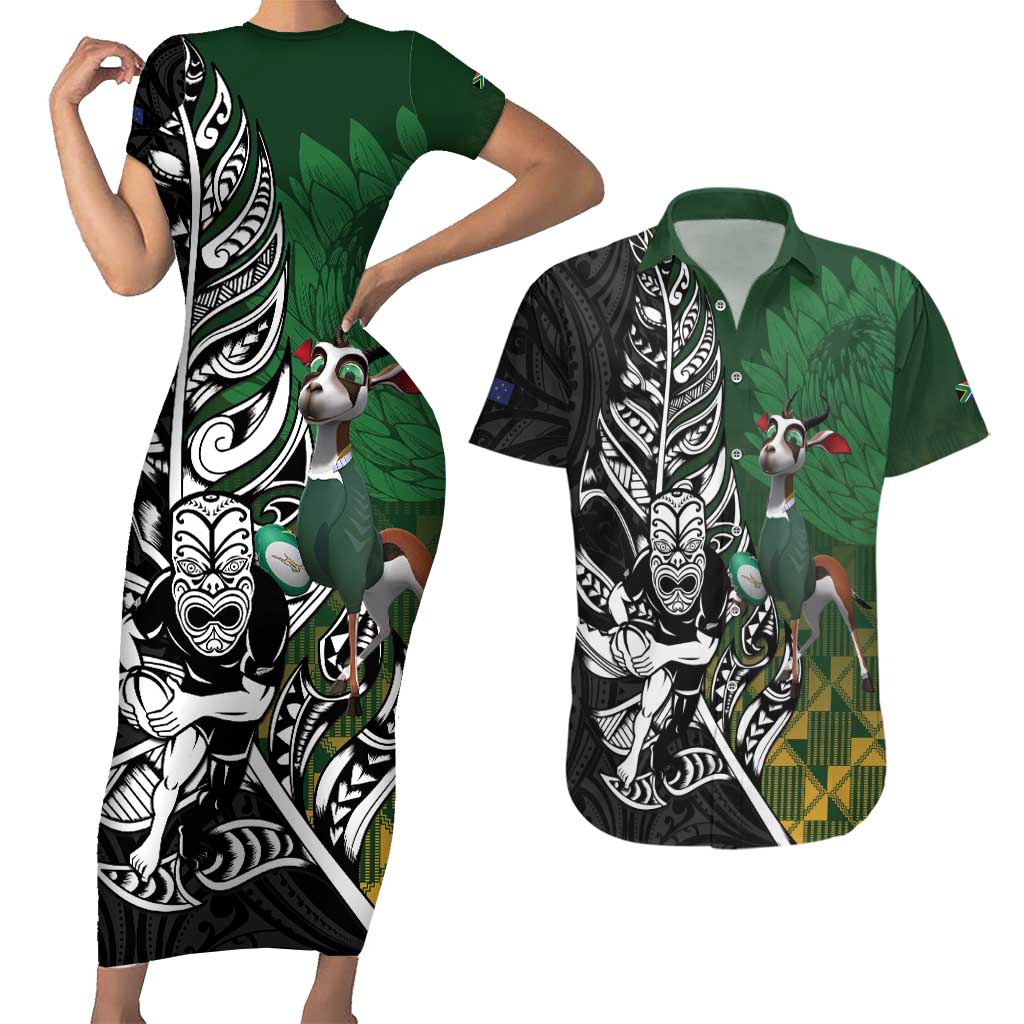 New Zealand and South Africa Rugby Custom Couples Matching Short Sleeve Bodycon Dress and Hawaiian Shirt Maori Tiki Fern Springboks Kente Pattern - Aussie Hoodie