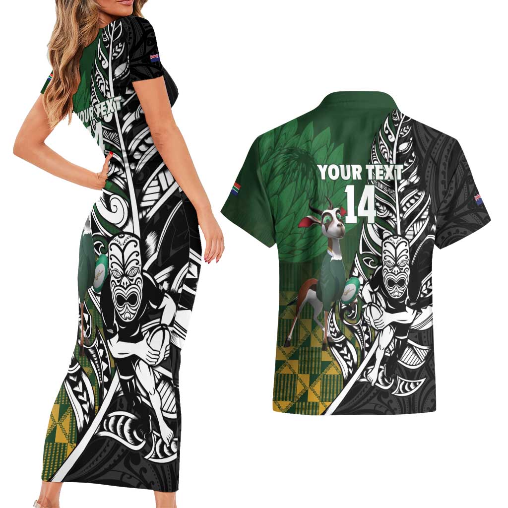 New Zealand and South Africa Rugby Custom Couples Matching Short Sleeve Bodycon Dress and Hawaiian Shirt Maori Tiki Fern Springboks Kente Pattern - Aussie Hoodie