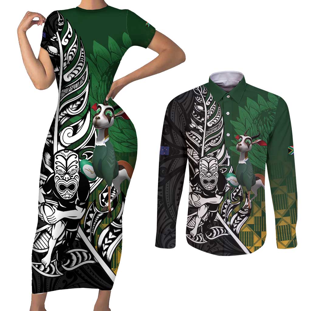 New Zealand and South Africa Rugby Custom Couples Matching Short Sleeve Bodycon Dress and Long Sleeve Button Shirt Maori Tiki Fern Springboks Kente Pattern - Aussie Hoodie