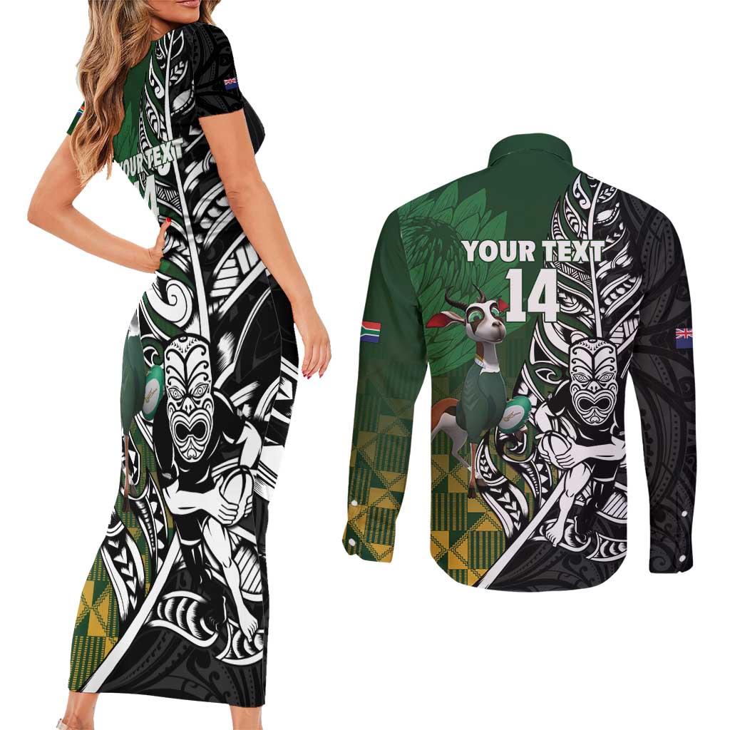 New Zealand and South Africa Rugby Custom Couples Matching Short Sleeve Bodycon Dress and Long Sleeve Button Shirt Maori Tiki Fern Springboks Kente Pattern - Aussie Hoodie