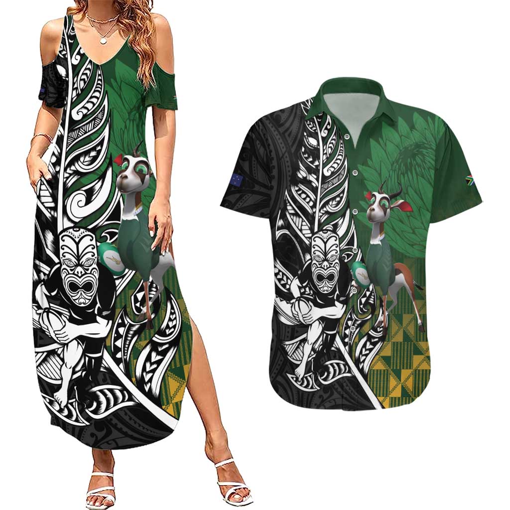 New Zealand and South Africa Rugby Custom Couples Matching Summer Maxi Dress and Hawaiian Shirt Maori Tiki Fern Springboks Kente Pattern - Aussie Hoodie