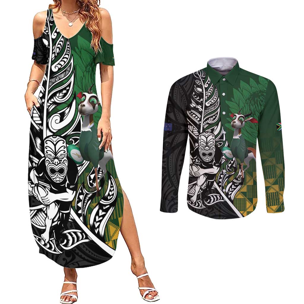 New Zealand and South Africa Rugby Custom Couples Matching Summer Maxi Dress and Long Sleeve Button Shirt Maori Tiki Fern Springboks Kente Pattern - Aussie Hoodie