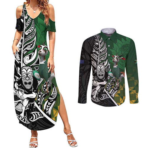 New Zealand and South Africa Rugby Custom Couples Matching Summer Maxi Dress and Long Sleeve Button Shirt Maori Tiki Fern Springboks Kente Pattern - Aussie Hoodie