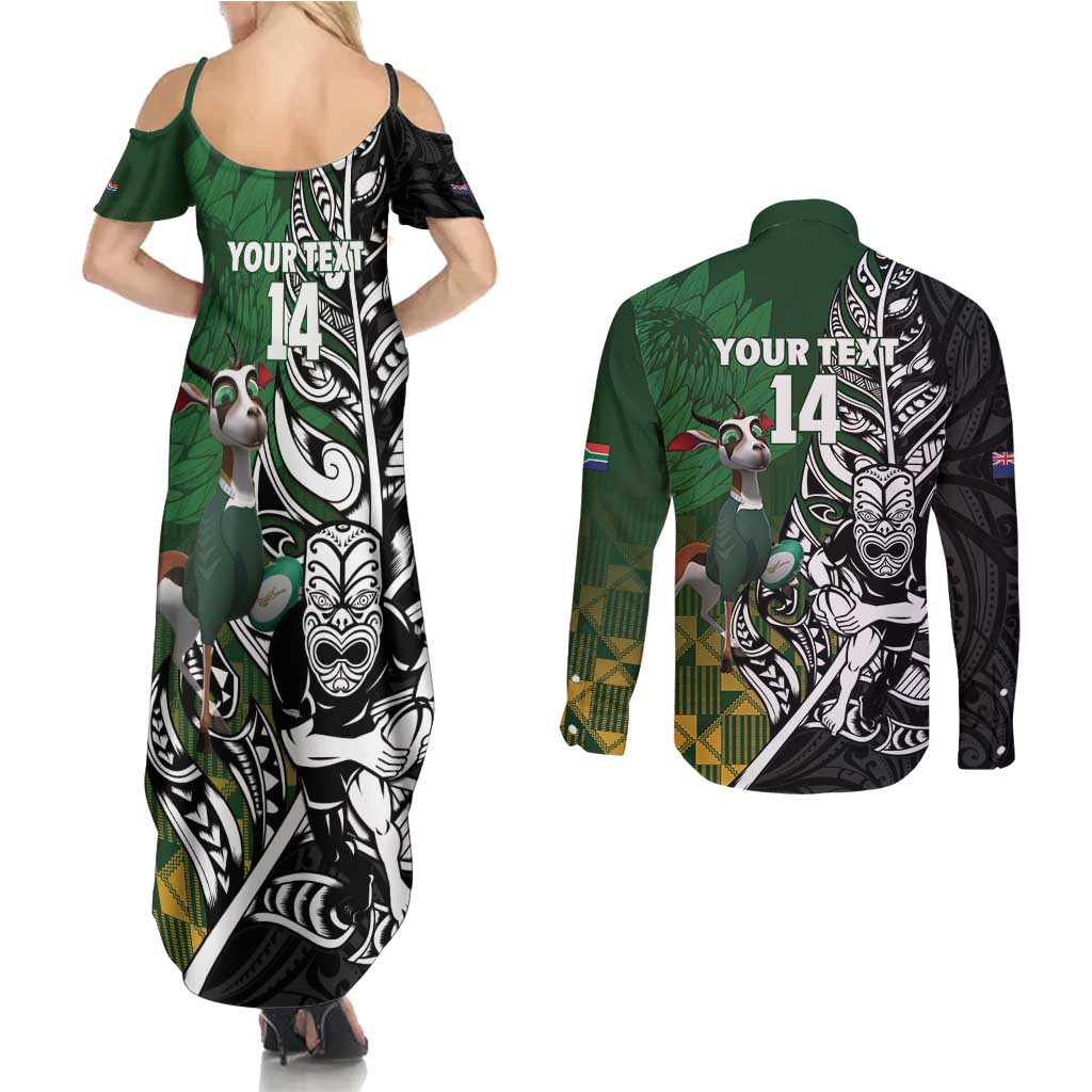 New Zealand and South Africa Rugby Custom Couples Matching Summer Maxi Dress and Long Sleeve Button Shirt Maori Tiki Fern Springboks Kente Pattern - Aussie Hoodie