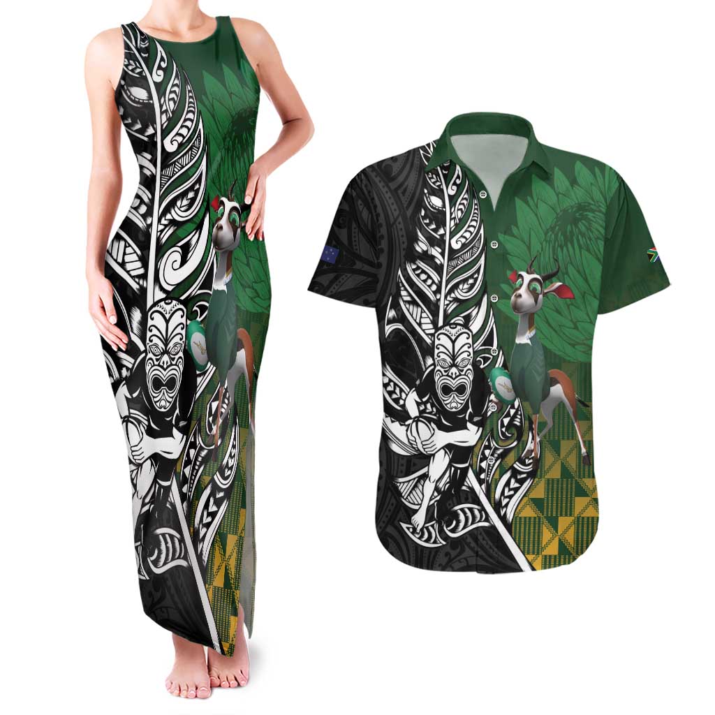New Zealand and South Africa Rugby Custom Couples Matching Tank Maxi Dress and Hawaiian Shirt Maori Tiki Fern Springboks Kente Pattern - Aussie Hoodie
