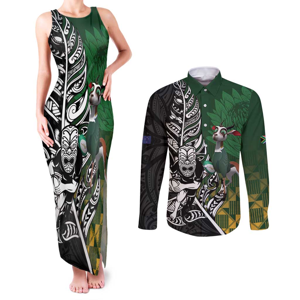 New Zealand and South Africa Rugby Custom Couples Matching Tank Maxi Dress and Long Sleeve Button Shirt Maori Tiki Fern Springboks Kente Pattern - Aussie Hoodie