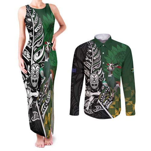 New Zealand and South Africa Rugby Custom Couples Matching Tank Maxi Dress and Long Sleeve Button Shirt Maori Tiki Fern Springboks Kente Pattern - Aussie Hoodie