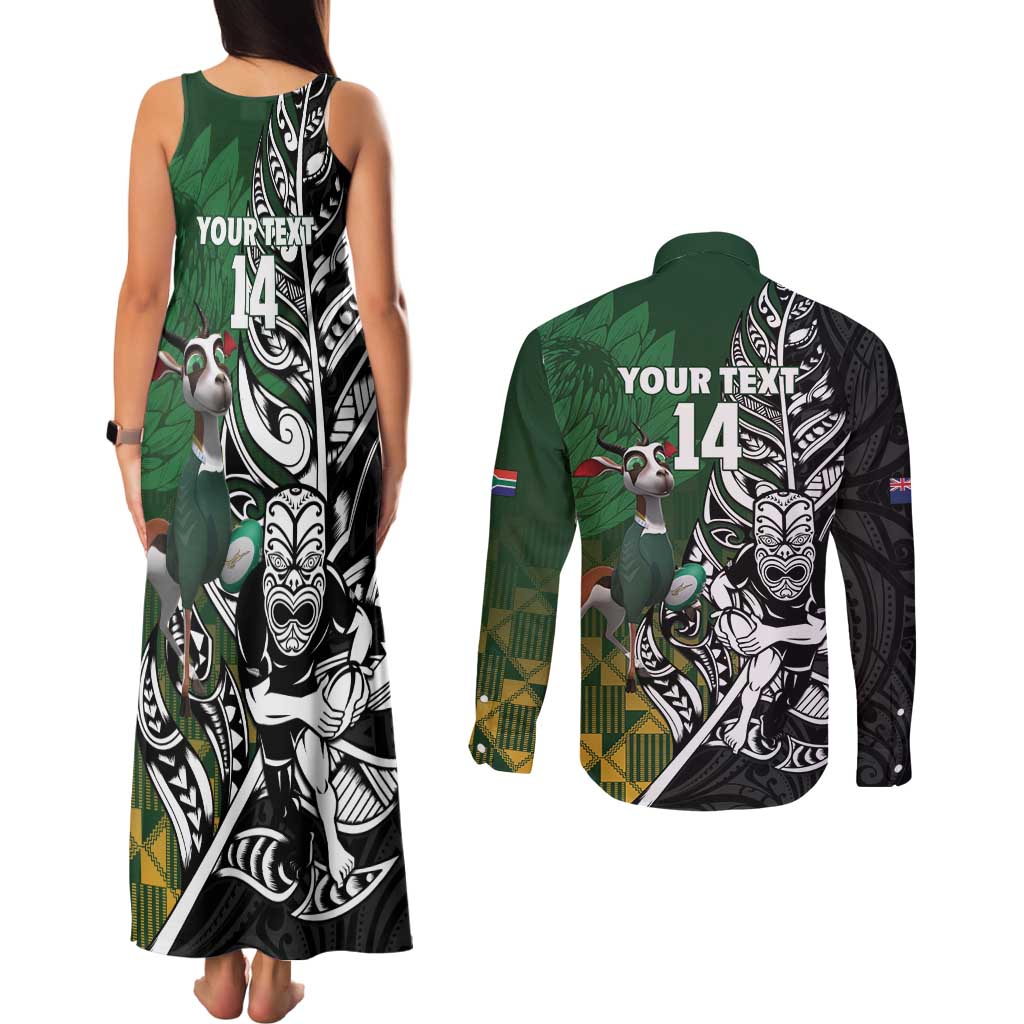 New Zealand and South Africa Rugby Custom Couples Matching Tank Maxi Dress and Long Sleeve Button Shirt Maori Tiki Fern Springboks Kente Pattern - Aussie Hoodie