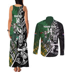 New Zealand and South Africa Rugby Custom Couples Matching Tank Maxi Dress and Long Sleeve Button Shirt Maori Tiki Fern Springboks Kente Pattern - Aussie Hoodie