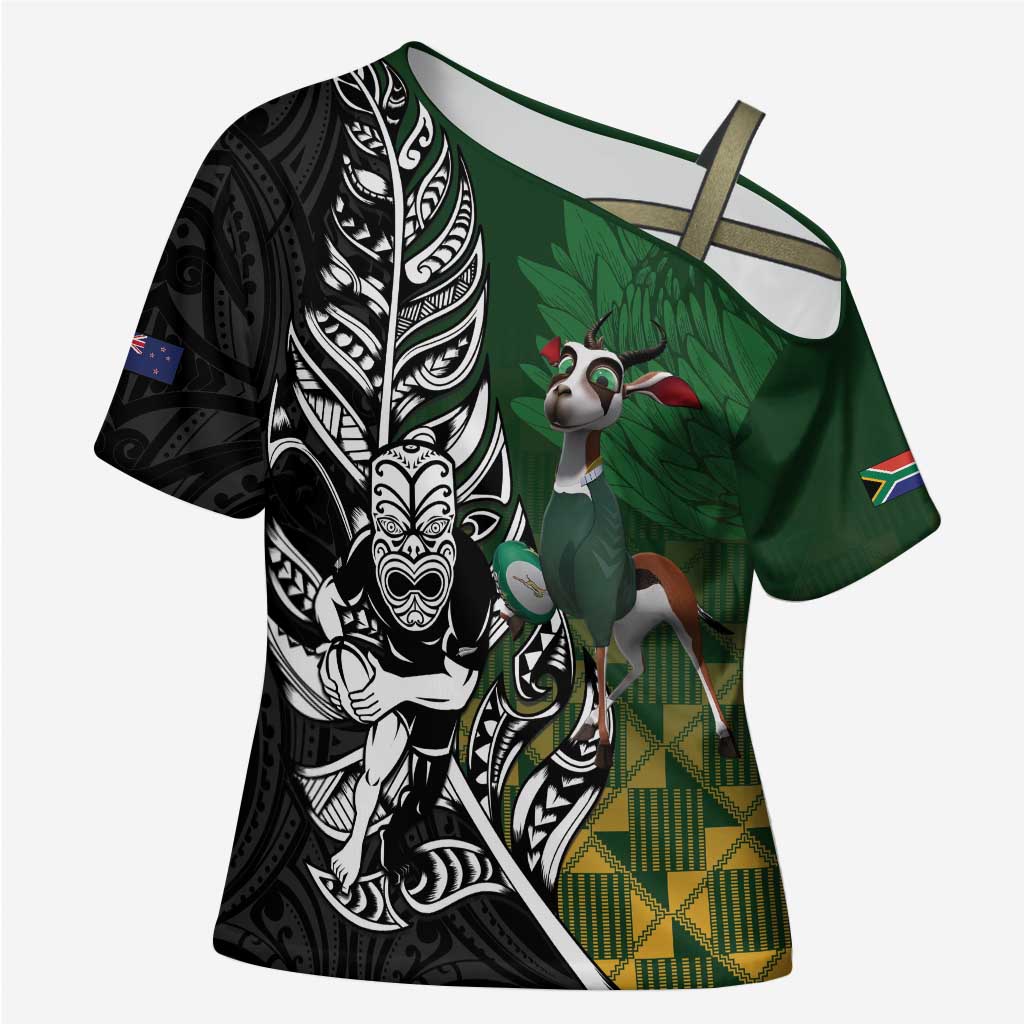 New Zealand and South Africa Rugby Custom Cross Shoulder Shirt Maori Tiki Fern Springboks Kente Pattern - Aussie Hoodie
