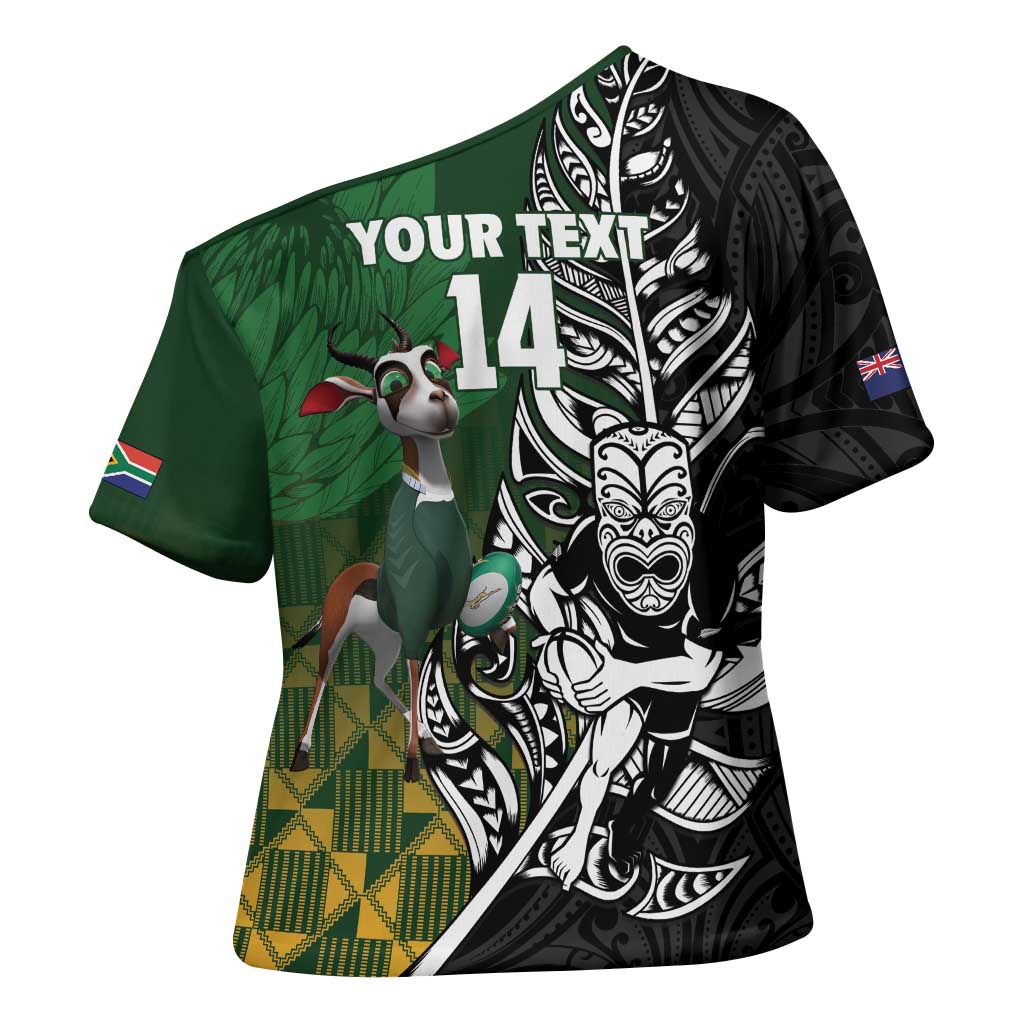 New Zealand and South Africa Rugby Custom Cross Shoulder Shirt Maori Tiki Fern Springboks Kente Pattern - Aussie Hoodie