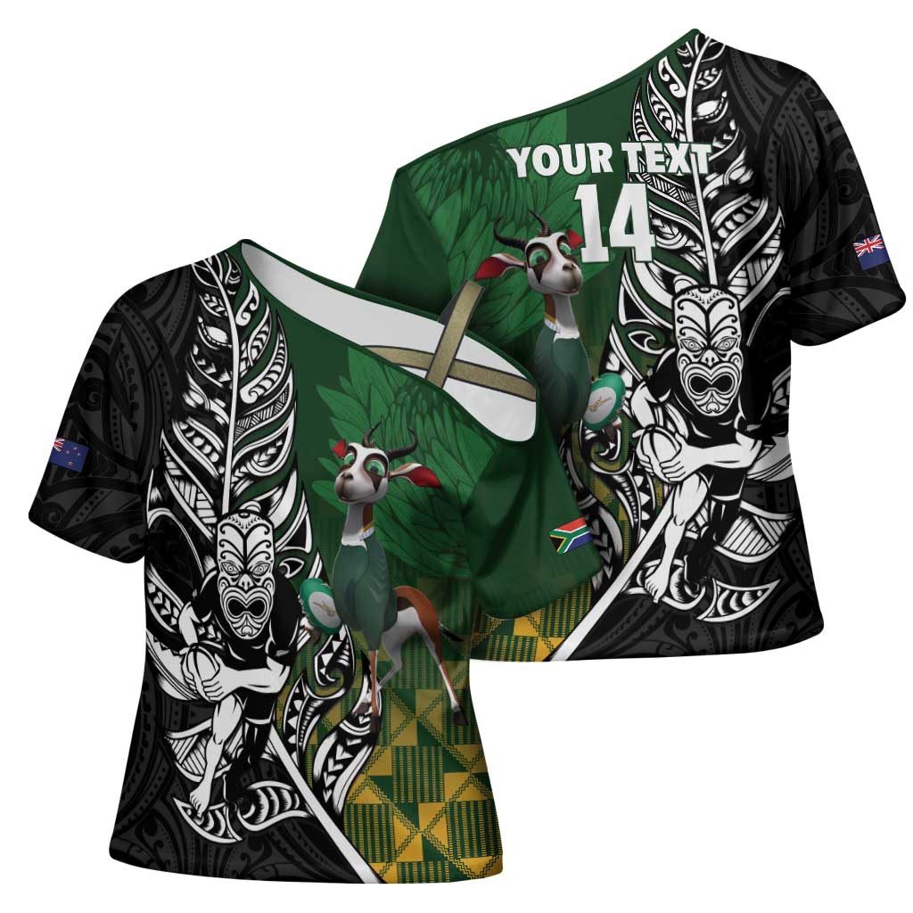New Zealand and South Africa Rugby Custom Cross Shoulder Shirt Maori Tiki Fern Springboks Kente Pattern - Aussie Hoodie
