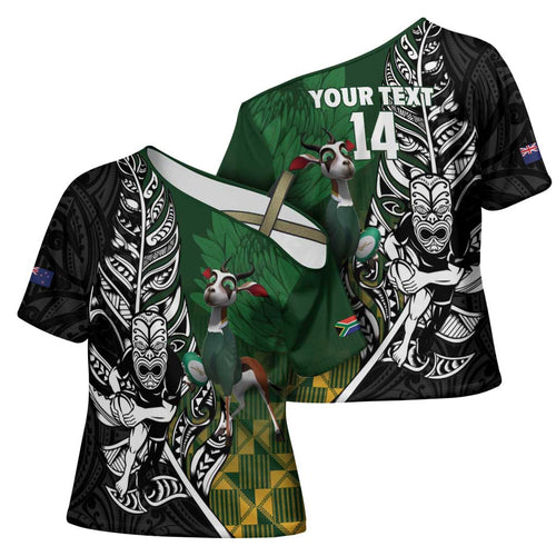 New Zealand and South Africa Rugby Custom Cross Shoulder Shirt Maori Tiki Fern Springboks Kente Pattern - Aussie Hoodie
