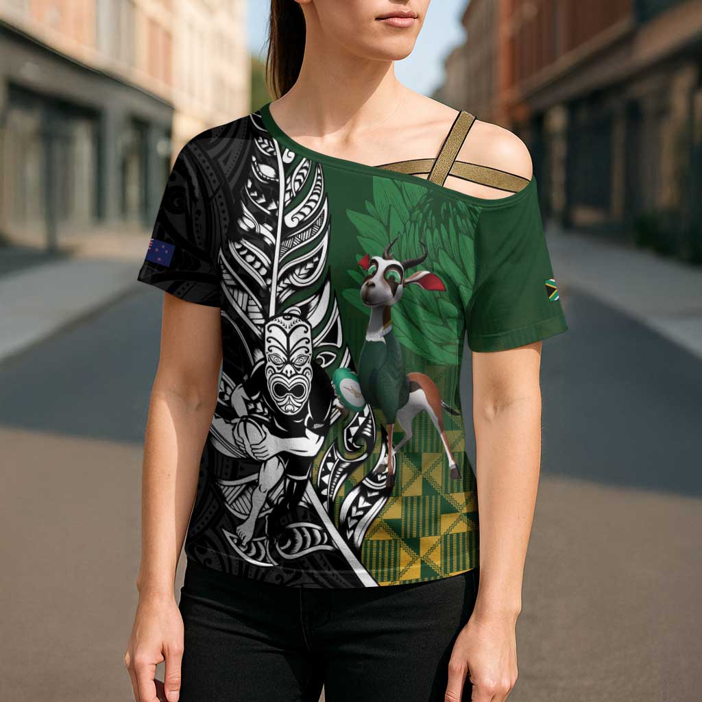 New Zealand and South Africa Rugby Custom Cross Shoulder Shirt Maori Tiki Fern Springboks Kente Pattern - Aussie Hoodie