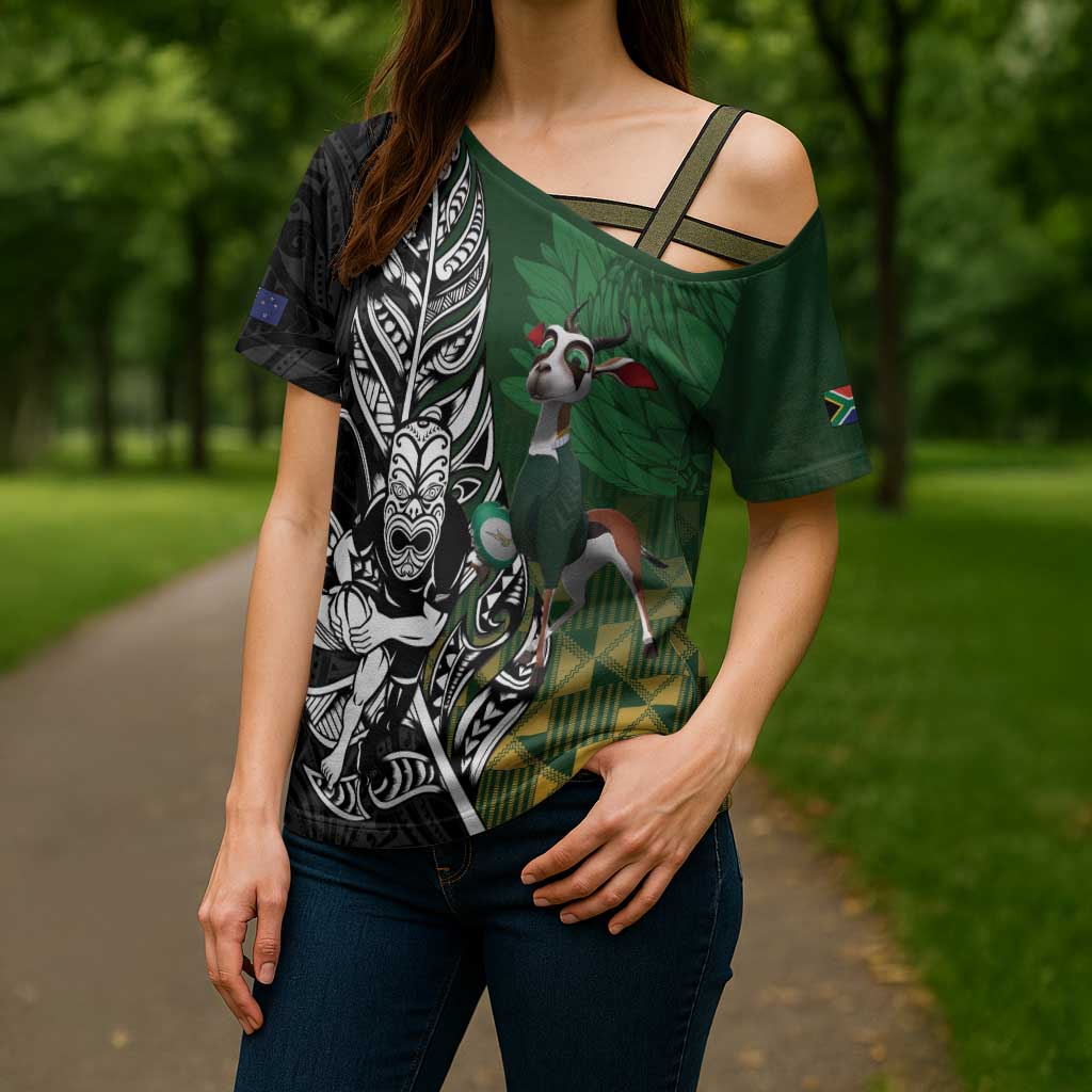 New Zealand and South Africa Rugby Custom Cross Shoulder Shirt Maori Tiki Fern Springboks Kente Pattern - Aussie Hoodie