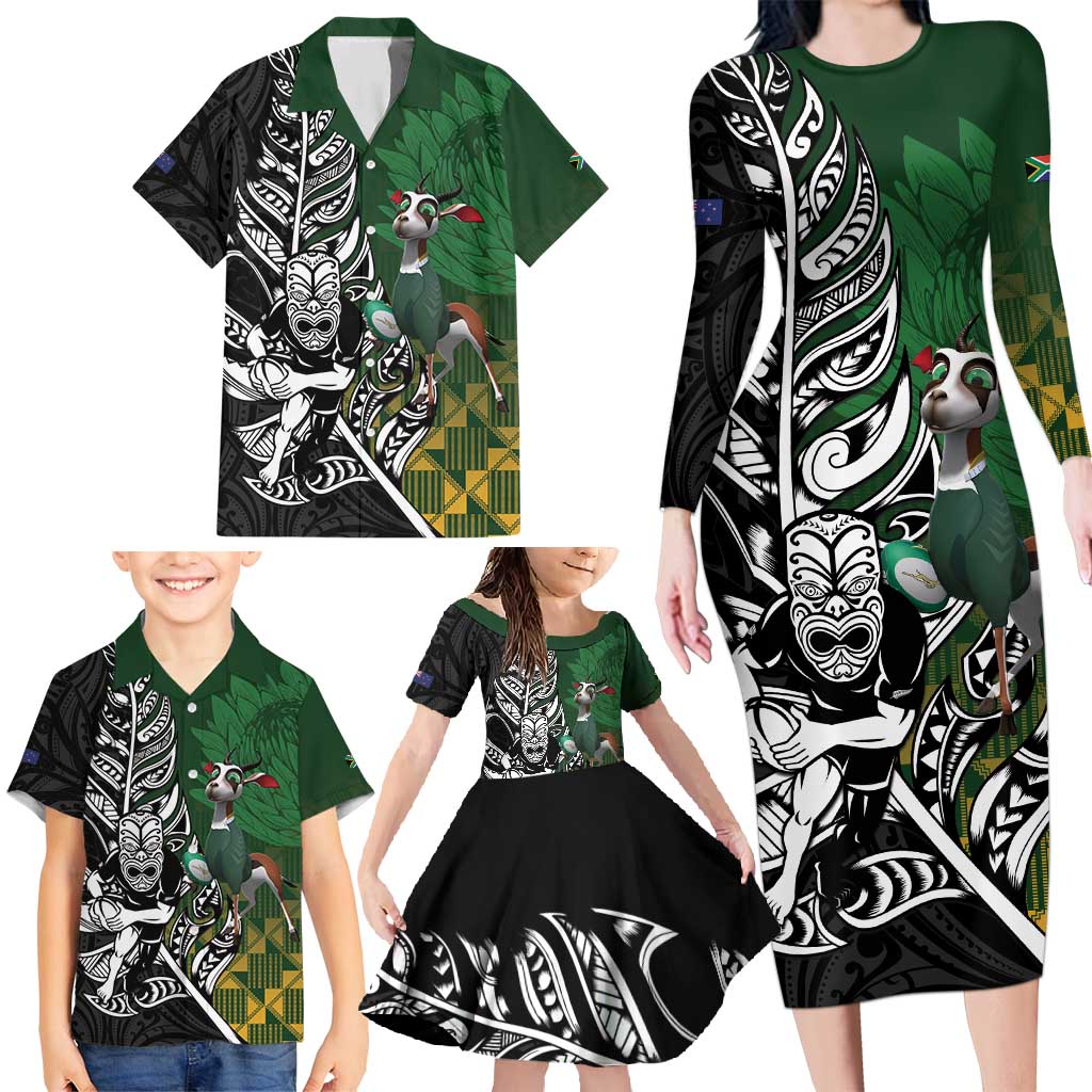 New Zealand and South Africa Rugby Custom Family Matching Long Sleeve Bodycon Dress and Hawaiian Shirt Maori Tiki Fern Springboks Kente Pattern - Aussie Hoodie