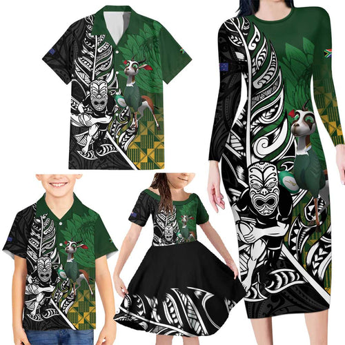 New Zealand and South Africa Rugby Custom Family Matching Long Sleeve Bodycon Dress and Hawaiian Shirt Maori Tiki Fern Springboks Kente Pattern - Aussie Hoodie