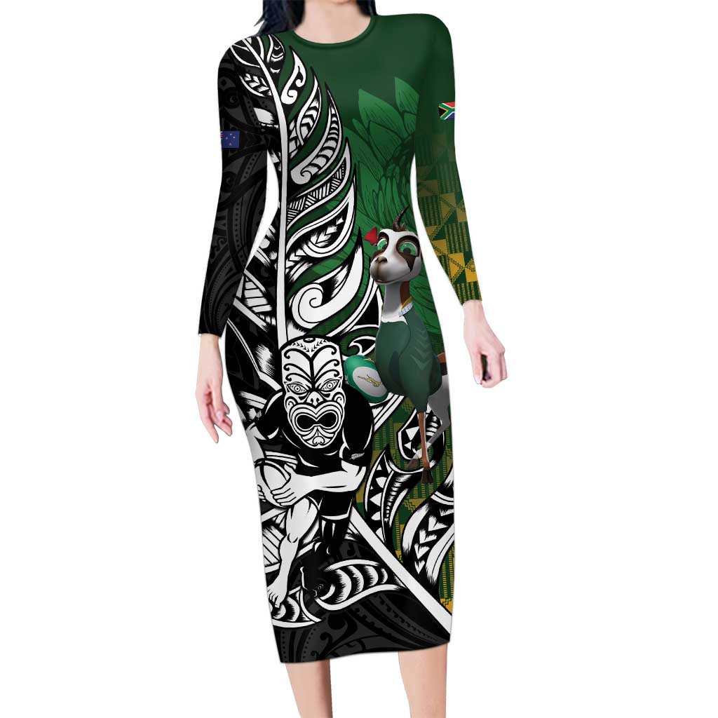 New Zealand and South Africa Rugby Custom Family Matching Long Sleeve Bodycon Dress and Hawaiian Shirt Maori Tiki Fern Springboks Kente Pattern - Aussie Hoodie