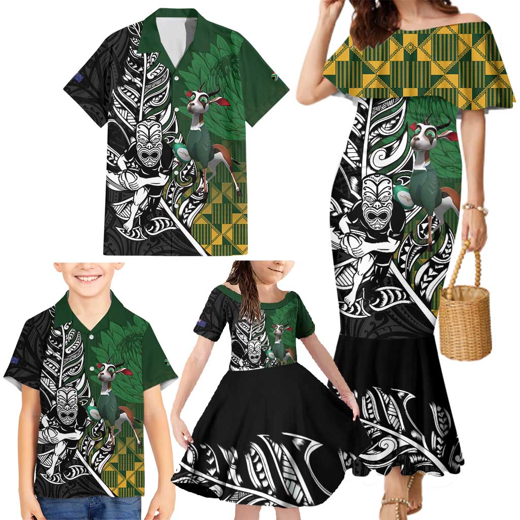 New Zealand and South Africa Rugby Custom Family Matching Mermaid Dress and Hawaiian Shirt Maori Tiki Fern Springboks Kente Pattern - Aussie Hoodie