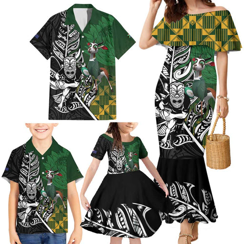 New Zealand and South Africa Rugby Custom Family Matching Mermaid Dress and Hawaiian Shirt Maori Tiki Fern Springboks Kente Pattern - Aussie Hoodie