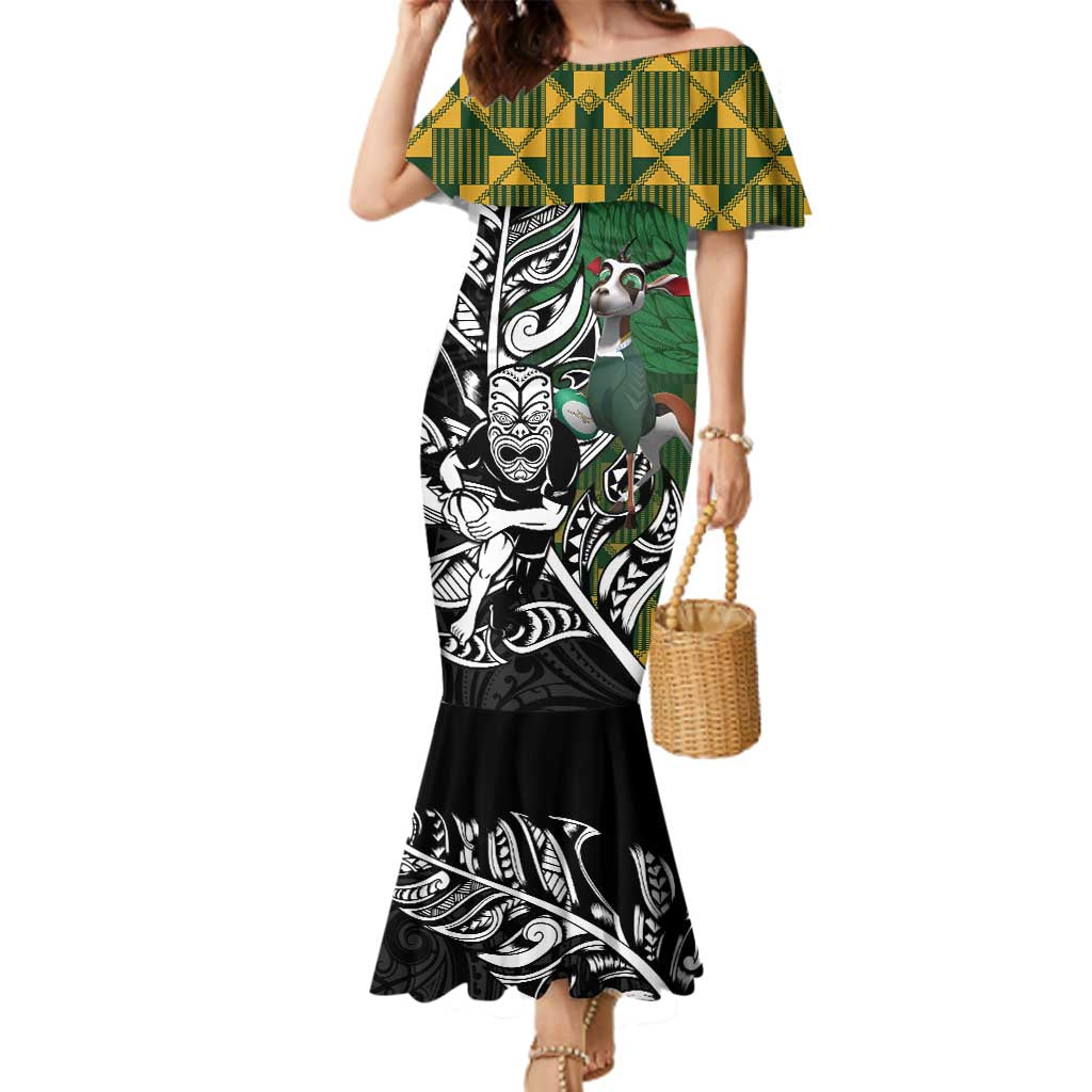 New Zealand and South Africa Rugby Custom Family Matching Mermaid Dress and Hawaiian Shirt Maori Tiki Fern Springboks Kente Pattern - Aussie Hoodie