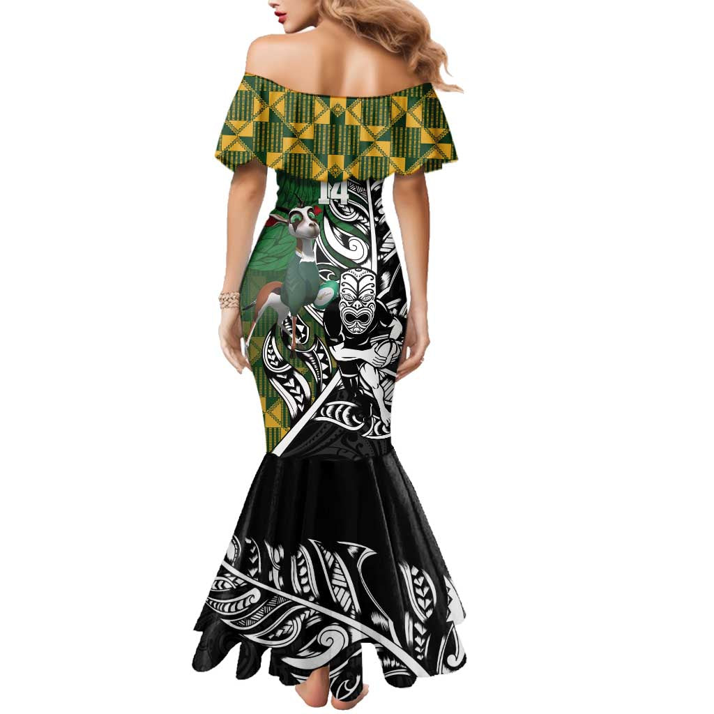 New Zealand and South Africa Rugby Custom Family Matching Mermaid Dress and Hawaiian Shirt Maori Tiki Fern Springboks Kente Pattern - Aussie Hoodie