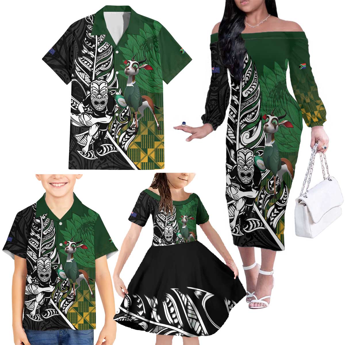 New Zealand and South Africa Rugby Custom Family Matching Off The Shoulder Long Sleeve Dress and Hawaiian Shirt Maori Tiki Fern Springboks Kente Pattern - Aussie Hoodie