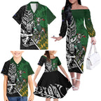 New Zealand and South Africa Rugby Custom Family Matching Off The Shoulder Long Sleeve Dress and Hawaiian Shirt Maori Tiki Fern Springboks Kente Pattern - Aussie Hoodie