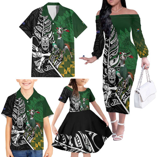 New Zealand and South Africa Rugby Custom Family Matching Off The Shoulder Long Sleeve Dress and Hawaiian Shirt Maori Tiki Fern Springboks Kente Pattern - Aussie Hoodie