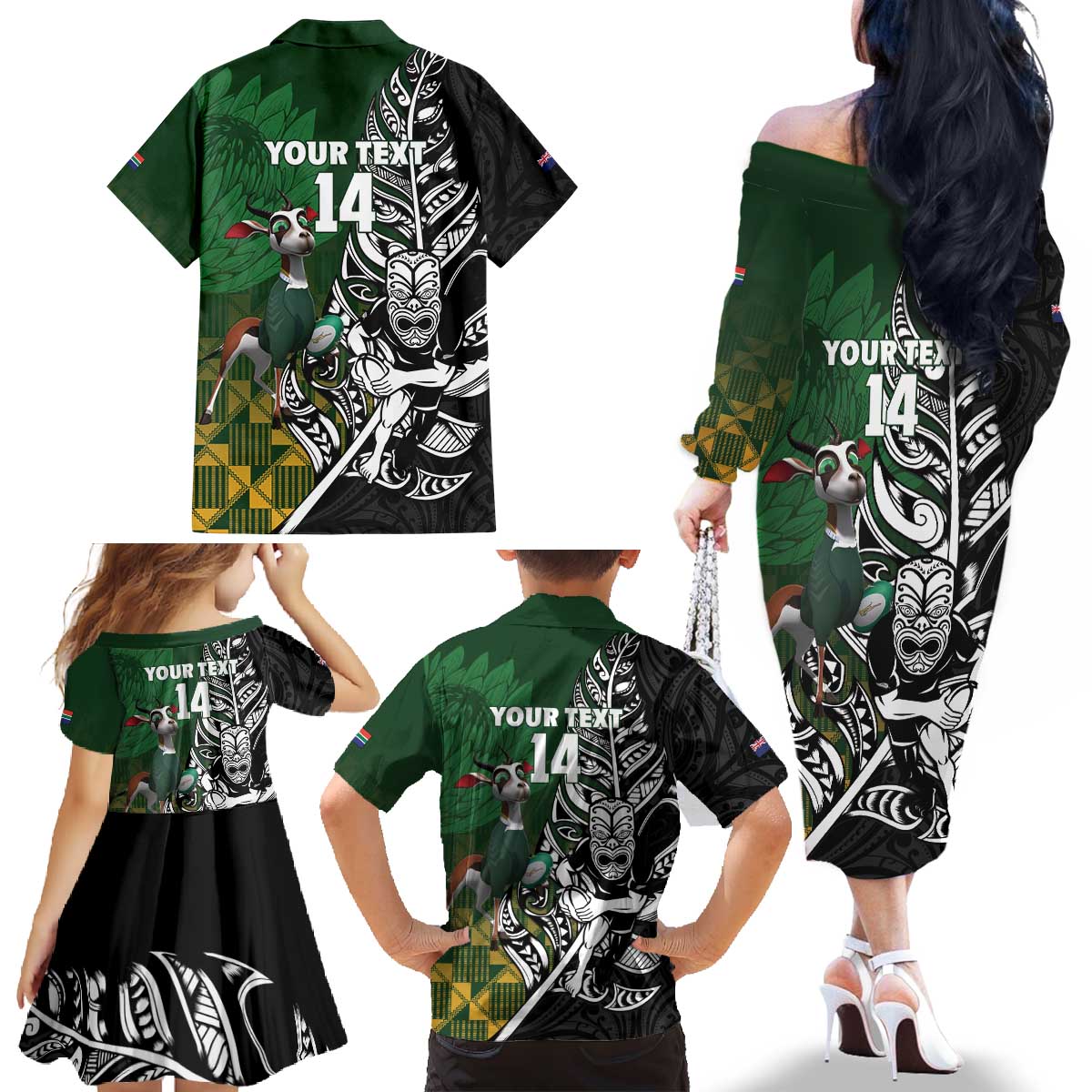 New Zealand and South Africa Rugby Custom Family Matching Off The Shoulder Long Sleeve Dress and Hawaiian Shirt Maori Tiki Fern Springboks Kente Pattern - Aussie Hoodie