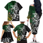 New Zealand and South Africa Rugby Custom Family Matching Off The Shoulder Long Sleeve Dress and Hawaiian Shirt Maori Tiki Fern Springboks Kente Pattern - Aussie Hoodie