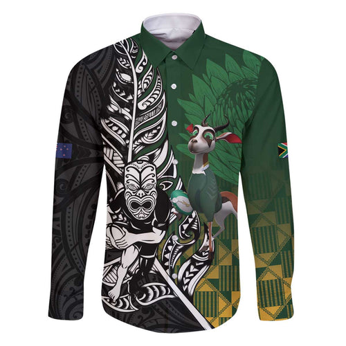 New Zealand and South Africa Rugby Custom Family Matching Off The Shoulder Long Sleeve Dress and Hawaiian Shirt Maori Tiki Fern Springboks Kente Pattern - Aussie Hoodie