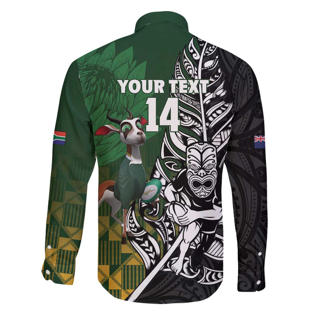 New Zealand and South Africa Rugby Custom Family Matching Off The Shoulder Long Sleeve Dress and Hawaiian Shirt Maori Tiki Fern Springboks Kente Pattern - Aussie Hoodie