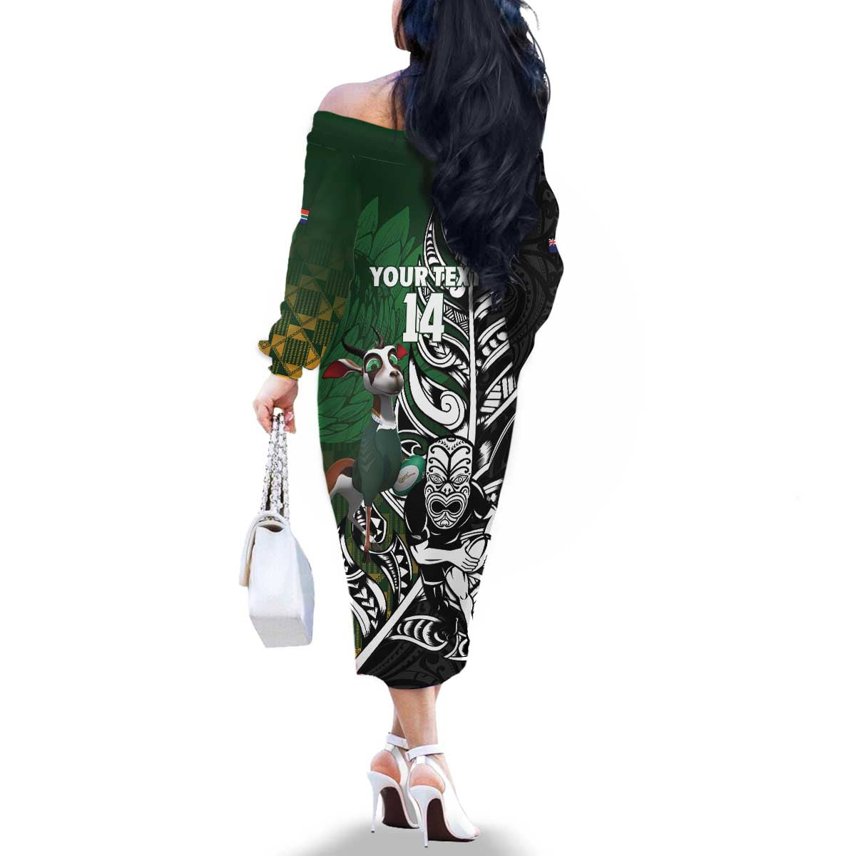 New Zealand and South Africa Rugby Custom Family Matching Off The Shoulder Long Sleeve Dress and Hawaiian Shirt Maori Tiki Fern Springboks Kente Pattern - Aussie Hoodie