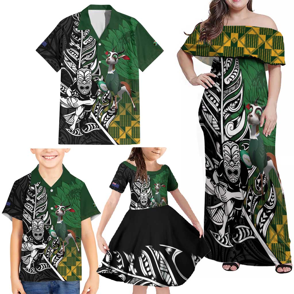 New Zealand and South Africa Rugby Custom Family Matching Off Shoulder Maxi Dress and Hawaiian Shirt Maori Tiki Fern Springboks Kente Pattern - Aussie Hoodie