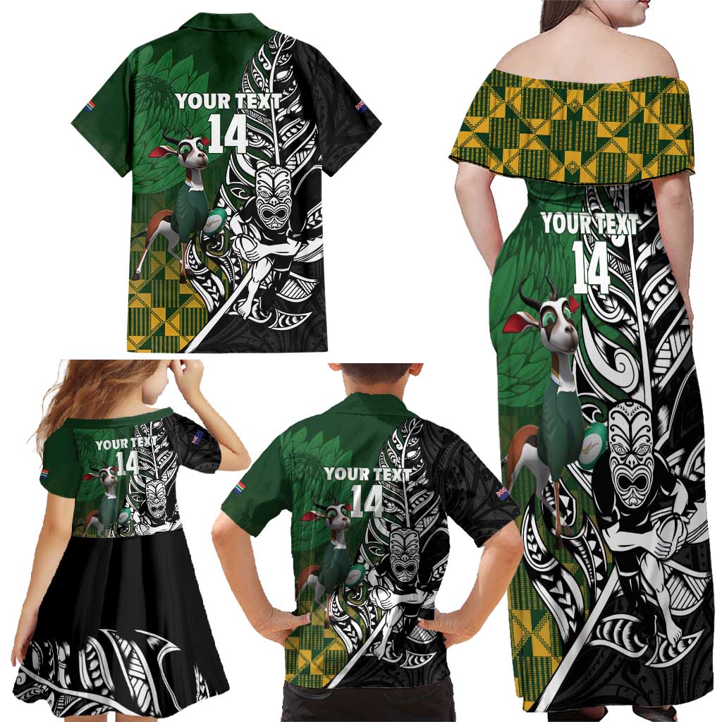 New Zealand and South Africa Rugby Custom Family Matching Off Shoulder Maxi Dress and Hawaiian Shirt Maori Tiki Fern Springboks Kente Pattern - Aussie Hoodie