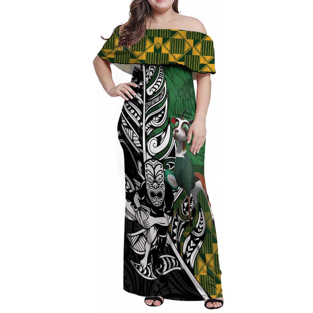 New Zealand and South Africa Rugby Custom Family Matching Off Shoulder Maxi Dress and Hawaiian Shirt Maori Tiki Fern Springboks Kente Pattern - Aussie Hoodie