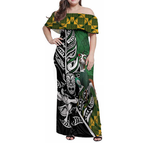 New Zealand and South Africa Rugby Custom Family Matching Off Shoulder Maxi Dress and Hawaiian Shirt Maori Tiki Fern Springboks Kente Pattern - Aussie Hoodie