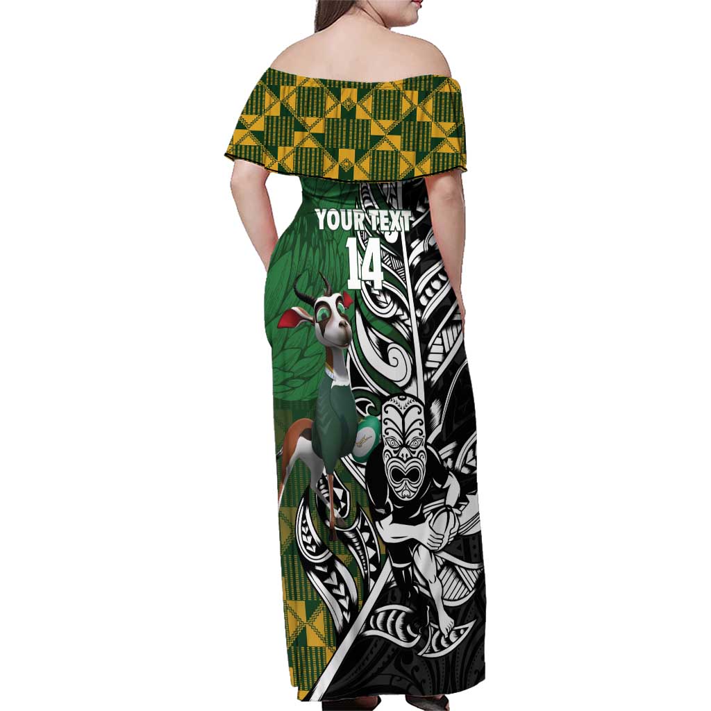 New Zealand and South Africa Rugby Custom Family Matching Off Shoulder Maxi Dress and Hawaiian Shirt Maori Tiki Fern Springboks Kente Pattern - Aussie Hoodie