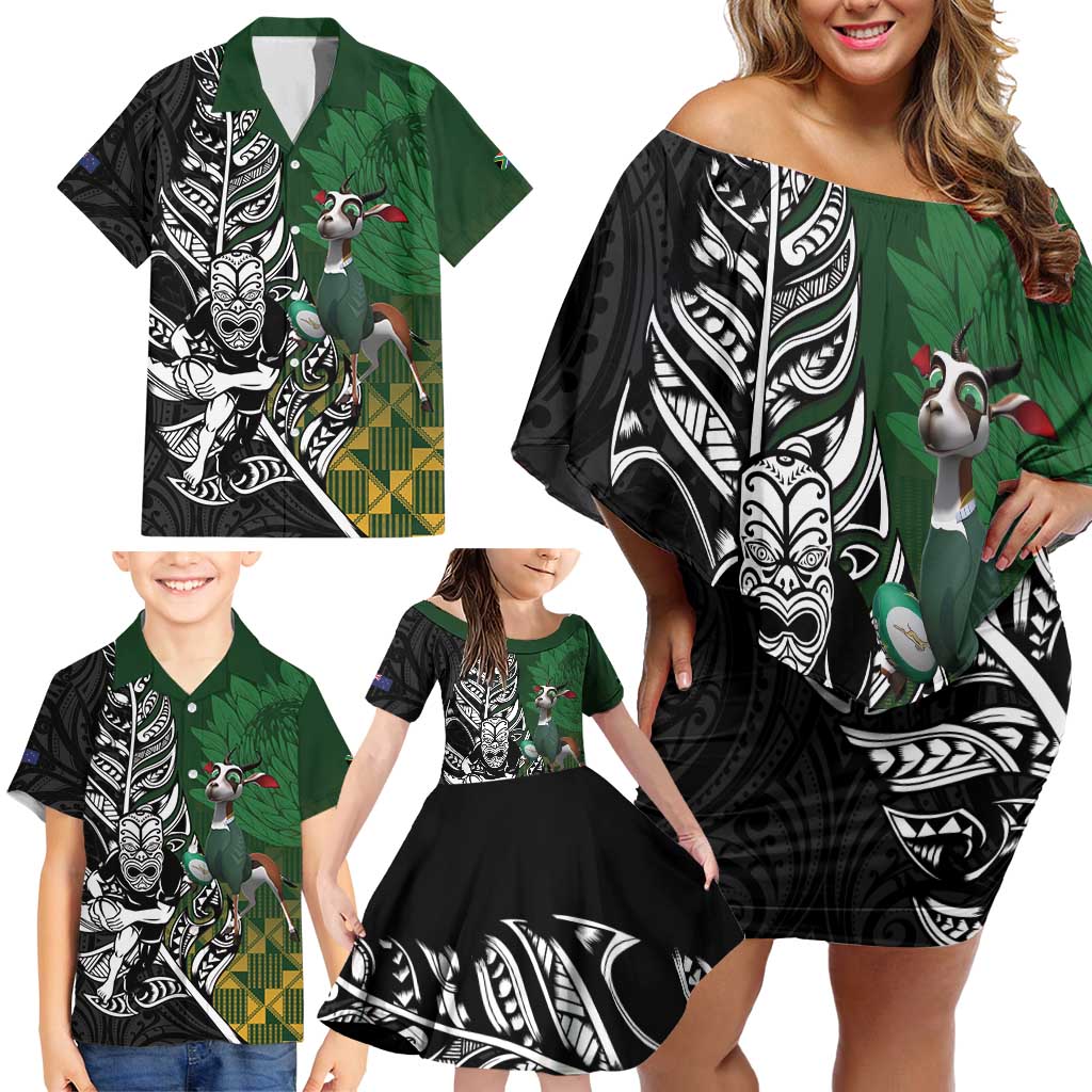 New Zealand and South Africa Rugby Custom Family Matching Off Shoulder Short Dress and Hawaiian Shirt Maori Tiki Fern Springboks Kente Pattern - Aussie Hoodie