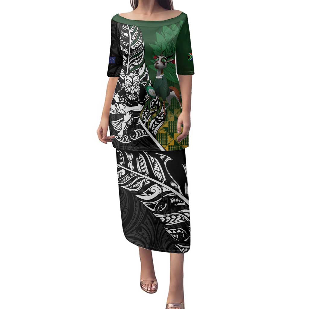 New Zealand and South Africa Rugby Custom Family Matching Puletasi and Hawaiian Shirt Maori Tiki Fern Springboks Kente Pattern - Aussie Hoodie