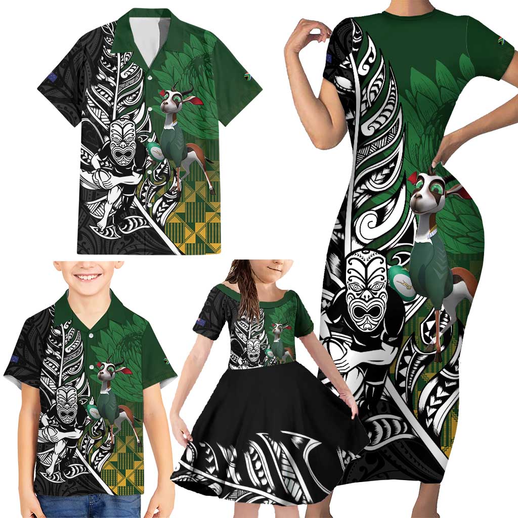 New Zealand and South Africa Rugby Custom Family Matching Short Sleeve Bodycon Dress and Hawaiian Shirt Maori Tiki Fern Springboks Kente Pattern - Aussie Hoodie