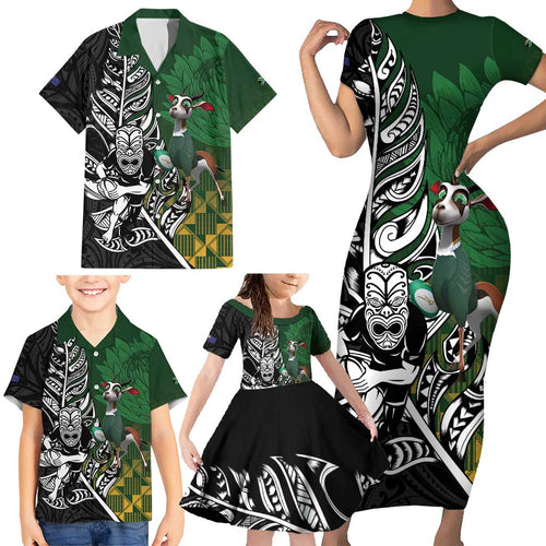 New Zealand and South Africa Rugby Custom Family Matching Short Sleeve Bodycon Dress and Hawaiian Shirt Maori Tiki Fern Springboks Kente Pattern - Aussie Hoodie