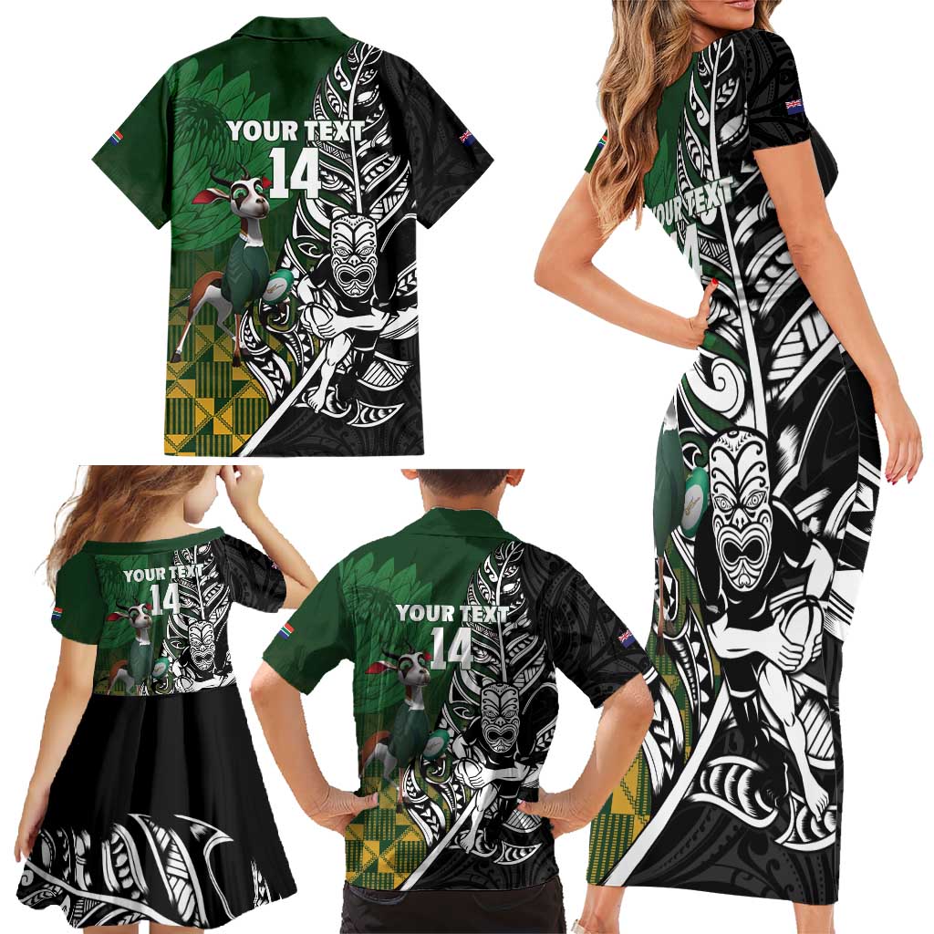 New Zealand and South Africa Rugby Custom Family Matching Short Sleeve Bodycon Dress and Hawaiian Shirt Maori Tiki Fern Springboks Kente Pattern - Aussie Hoodie