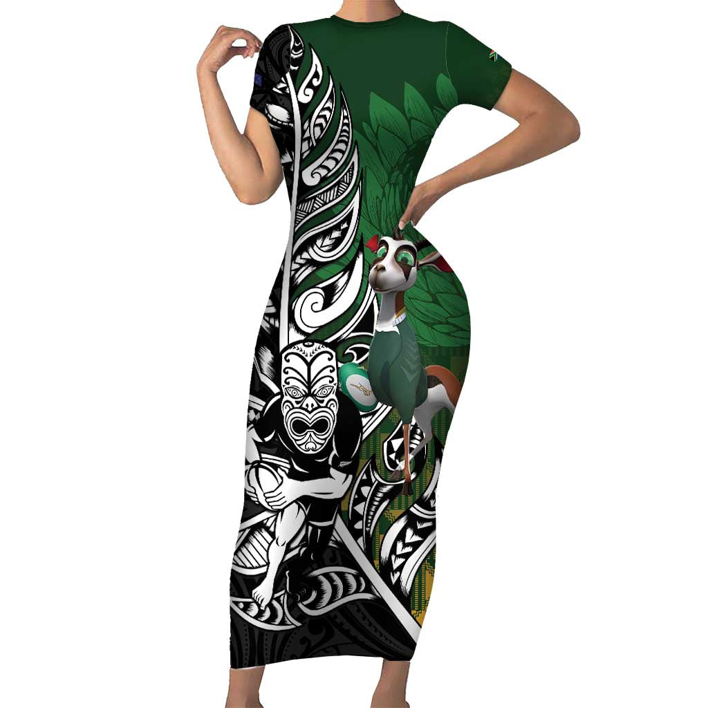 New Zealand and South Africa Rugby Custom Family Matching Short Sleeve Bodycon Dress and Hawaiian Shirt Maori Tiki Fern Springboks Kente Pattern - Aussie Hoodie